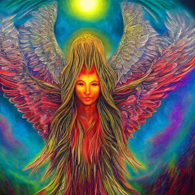 Image similar to angelic seraphim Lovecraftian celestial covered in eyes feathers and wings, oil painting award winning, chromatic aberration sharp colors, symmetrical geometry sublime angel be not afraid