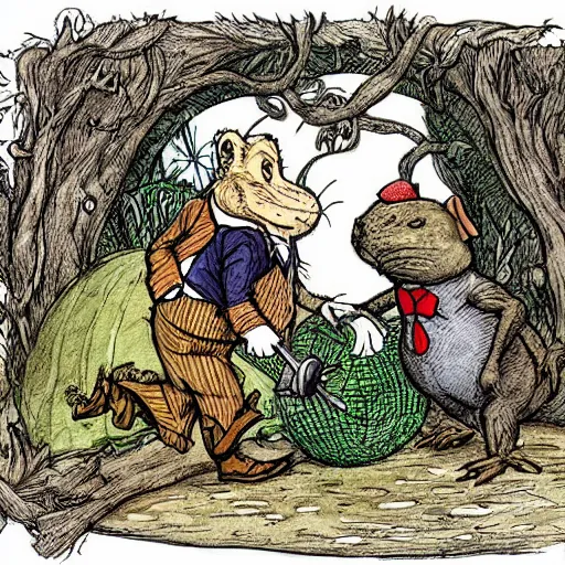 Image similar to colored illustration for the book wind in the willows, with toad welcominging his friends mole, water rat, and badger to toad hall, in style of sir john tenniel