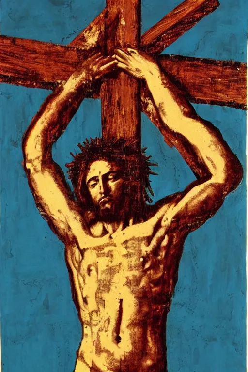 Image similar to jesus christ crucified painted by cy twombly, basquiat and andy warhol
