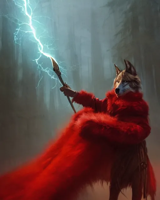 Prompt: oil painting of Anthropomorphized Wolf Shaman holding magical lightning staff, wearing red fur cloak, sharp focus, , magical aura, heroic pose, fantasy style, octane render, volumetric lighting, 8k high definition, by greg rutkowski, highly detailed, trending on art Station, magic the gathering artwork, Lightning storm background, centered