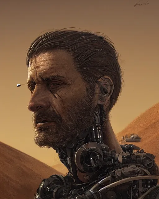 Prompt: a rugged middle aged engineer man with cybernetic enhancements and half head shaved lost in the desert, scifi character portrait by greg rutkowski, esuthio, craig mullins, short beard, green eyes, 1 / 4 headshot, cinematic lighting, dystopian scifi gear, gloomy, profile picture, mechanical, half robot, implants, steampunk