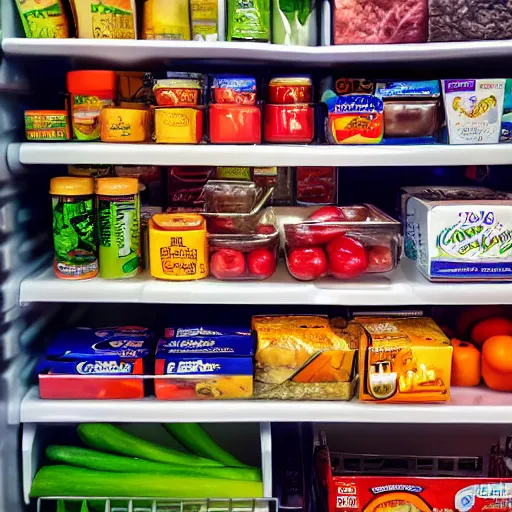 Prompt: photo of a fridge full of food, highly detailed, high quality, HD, 4k, 8k, Canon 300mm, professional photographer, 40mp, lifelike, top-rated, award winning, realistic, sharp, no blur, edited, corrected, trending