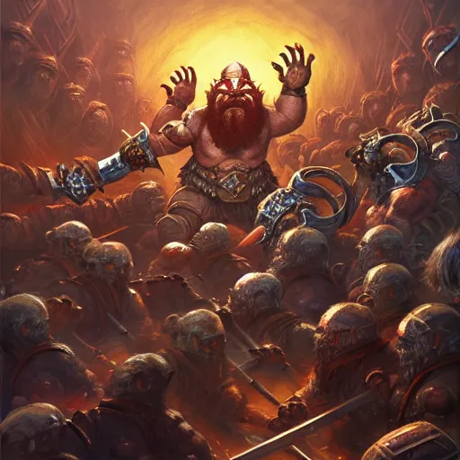 Image similar to painting of a single dwarven berserker facing a crew of crazy goblin warriors in deadly combat on a gladiator pit, sharp focus, high symmetry, award - winning, trending on artstation, masterpiece, highly detailed, intricate. art by terese nielsen