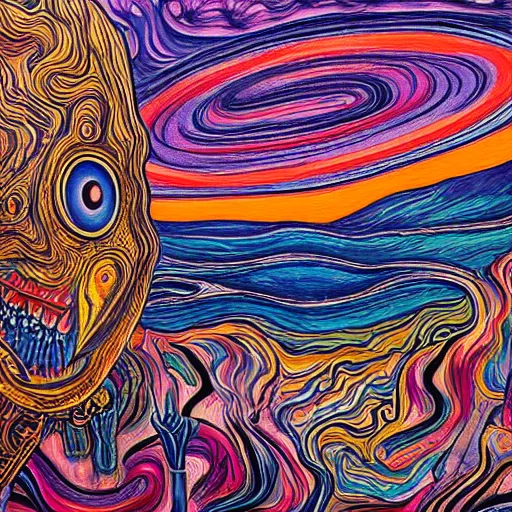 Image similar to a hyper - detailed fine painting of the scream of paranoia and funny pain, cosmic horror psychedelic weird bizarre art