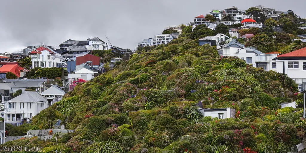 Prompt: a very steep street in wellington, new zealand with multiple building covered in living walls made of endemic new zealand plant species. patrick blanc. windy rainy day. people walking in raincoats. 1 9 0 0's colonial cottages. harbour in the distance.