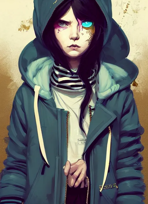 Image similar to highly detailed portrait of a sewer punk lady student, blue eyes, burberry hoodie, white hair by atey ghailan, by greg rutkowski, by greg tocchini, by james gilleard, by joe fenton, by kaethe butcher, gradient gold, black, brown and pink color scheme, grunge aesthetic!!! ( ( graffiti tag wall background ) )