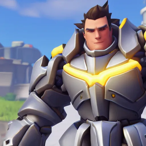 Image similar to in-game screenshot of Reinhardt from Overwatch wearing a suit of armor made from marshmallows