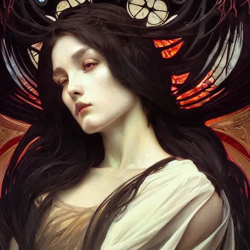 Prompt: A portrait of A beautiful!!!! angel in black flames by Ross Tran!! and alphonse mucha and greg rutkowski! and gustav doré!! and ruan jia!,In style of digital art illustration.Symmetry.Highly detailed face.Fantasy,smooth,hyper detailed,sharp focus,Soft light.trending on artstation.4k