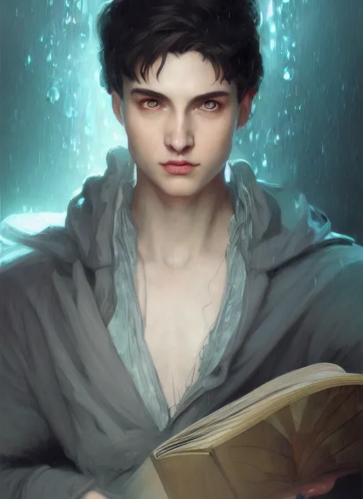 Prompt: character concept portrait of an attractive young focused Spanish wizard with pale teal skin enchanting a rain spell, a floating iridescent spell book in the center, intricate, elegant, digital painting, concept art, smooth, sharp focus, illustration, from Metal Gear, by Ruan Jia and Mandy Jurgens and William-Adolphe Bouguereau, Artgerm