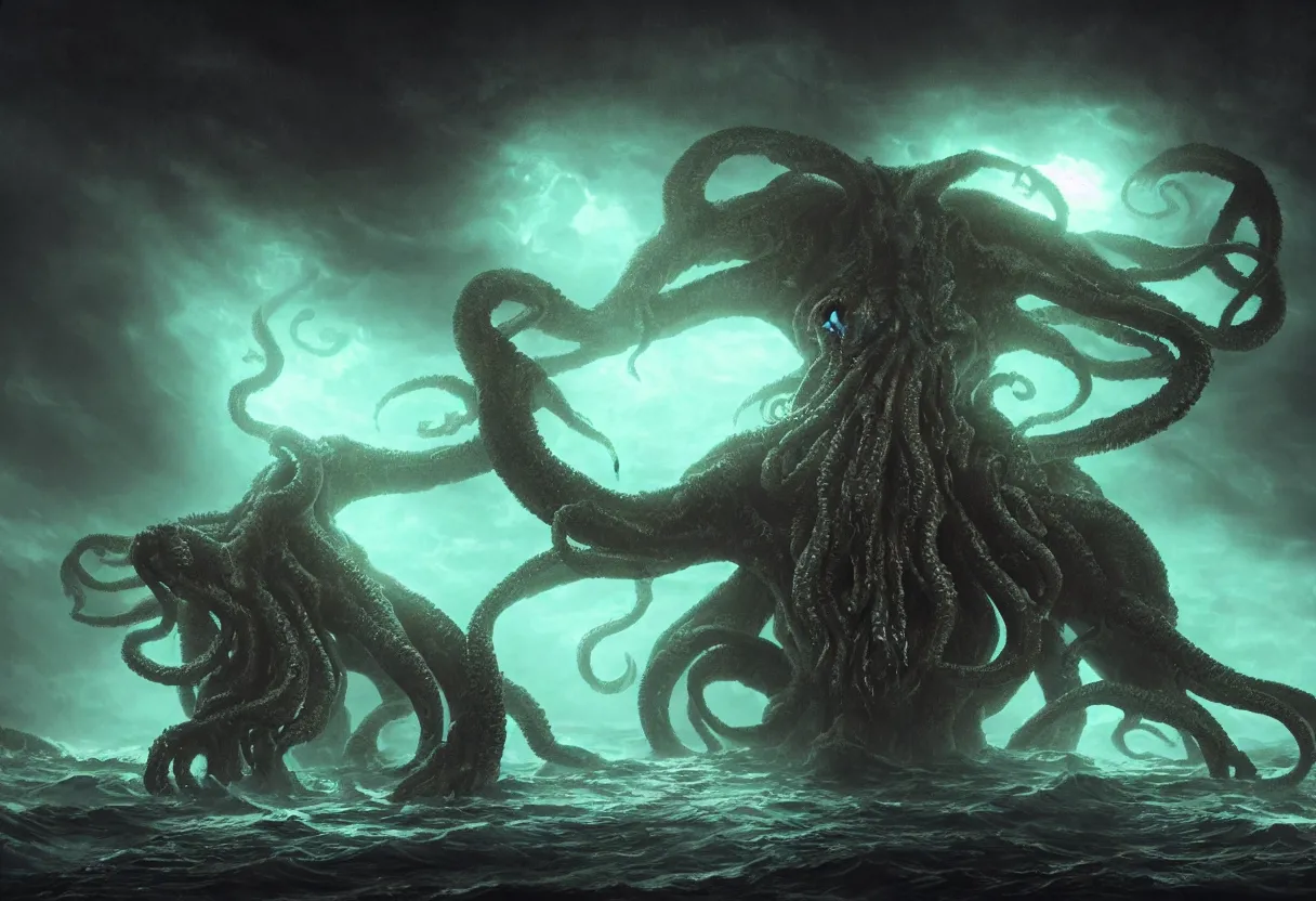 Image similar to concept art of cthulhu with glowing eyes emerging from the ocean, omnious old photo, cinematic lighting, apocalyptic, atmospheric, hyper realism, realistic, octane render, dramatic lighting, highly detailed, cinematic