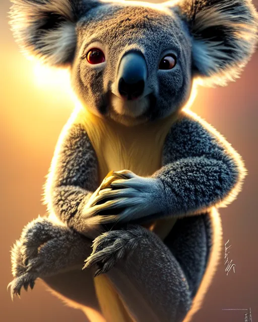 Prompt: movie still macro close photo of koala selling nft, by weta disney pixar greg rutkowski wlop ilya kuvshinov rossdraws artgerm octane render iridescent, bright morning, liosh, mucha