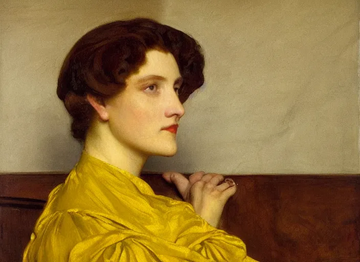 Image similar to portrait of jemma channing, wearing yellow ochre, preraphaelite colour photography by frederic leighton, 8 k