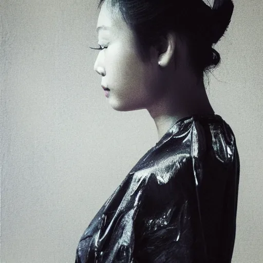 Image similar to filmstill, over the shoulder, upper body, photography of asian girl model looking to camera, black lips, black kimono, black pagoda, sad mood, god rays, volumetric light, lightbeams, art noveau style, neobrutalistic, liquid acrylic paint fluid, painted by monet and kandinski, photography, hypperrealistic, beautiful details, smooth illustration