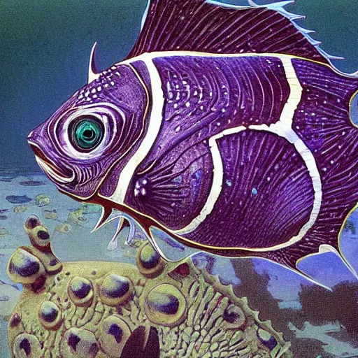 Image similar to a single fantasy deep sea fish that is heavily armored with osteoderms, it has disproportionately huge wide spined pectoral fins, on its head 6 large black eyes, and it's skin and fins have complex markings, it is swimming in a purple deep landscape with jagged rocks by alphonse mucha and brian froud