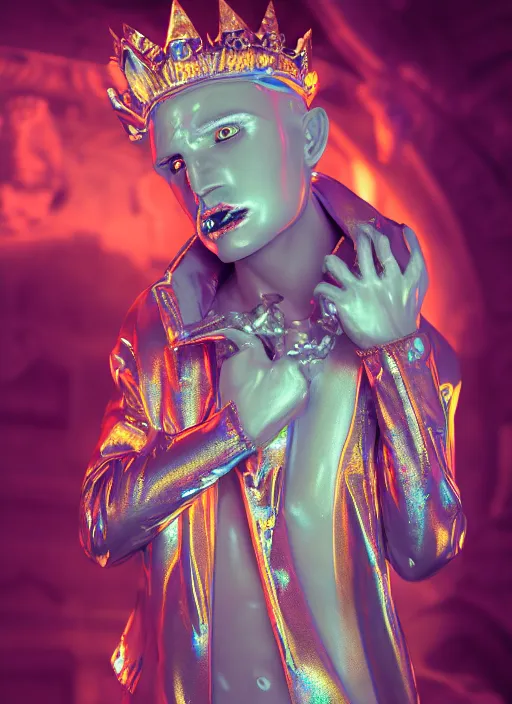 Image similar to photo of baroque and bladerunner delicate neon diamond sculpture of ceramic albino king diego barrueco seductive delicious lip licking, creamy orange iridescent humanoid deity wearing white fluffy hoody holding diamond skull in a black metallic dungeon, reclining, glowing rainbow face, crown of white diamonds, cinematic lighting, photorealistic, octane render 8 k depth of field 3 d