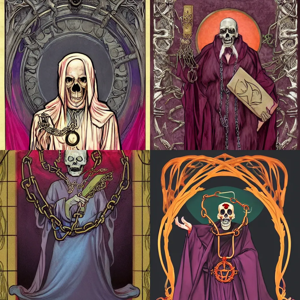 Prompt: A grim magical art nouveau painting of a lich sorcerer chanting a spell while holding a big tome with chains, in the style of Mary Dimary and Darkchylde, Ruby insets, fantasy skull, muted colours, vibrant reds, 4k, trending on artstation, pinterest, pixiv