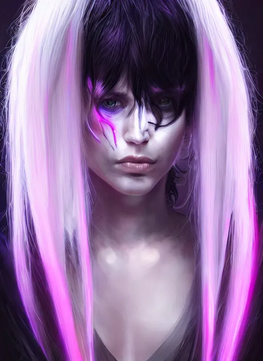 Image similar to hair whitebangs hair, black cyberlox, portrait of teenage girl with white bangs, whitebangsblackhair, messy bangs, cyberlox, whitebangs, red irises, purple clothes, intricate, elegant, glowing lights, highly detailed, digital painting, artstation, concept art, sharp focus, illustration, art by wlop, mars ravelo and greg rutkowski