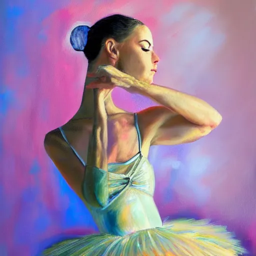 Image similar to portrait of a ballerina, impasto paint, 8 k, cinematic light, shadows, reflection highlights in the paint,