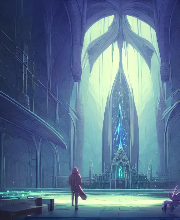 Image similar to simplicity, a small cathedral made out of biological creature forms, in the style of a spaceship, magic spells in the air, by dan mumford, yusuke murata, makoto shinkai, ross tran, cinematic, unreal engine, cel shaded, featured on artstation, pixiv