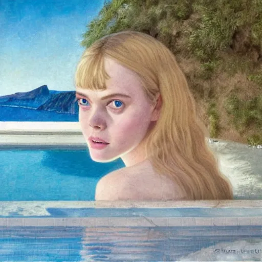 Prompt: Elle Fanning by the pool in Santorini, head and shoulders portrait, extremely detailed masterpiece, Roger Deakin’s cinematography, illustration, by Michael Sowa,