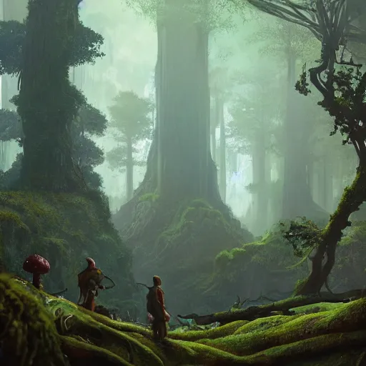 Prompt: horrible surreal mushrooms overwhelming redwood forest, creeping fig vines, ferns and waterfalls shadow of the colossus screenshot by j. c. leyendecker, simon stalenhag, studio ghibli, barlowe, audobon and beksinski