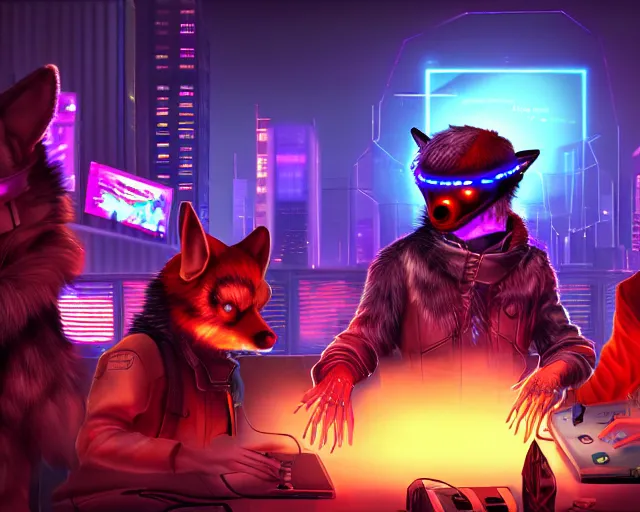 Image similar to high - resolution photograph from a cyberpunk era furry fandom convention ( midwest furfest 2 0 4 7 ), taking place after the genetic revolution and singularity. photorealistic.