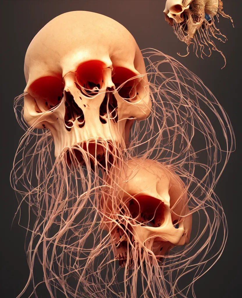 Image similar to composition of human skulls, animals skulls, bones, rib-cage. jellyfish phoenix head, nautilus, orchid, skull, betta fish, bioluminiscent creatures, intricate artwork by Tooth Wu and wlop and beeple. octane render, trending on artstation, greg rutkowski very coherent symmetrical artwork. cinematic, hyper realism, high detail, octane render, 8k