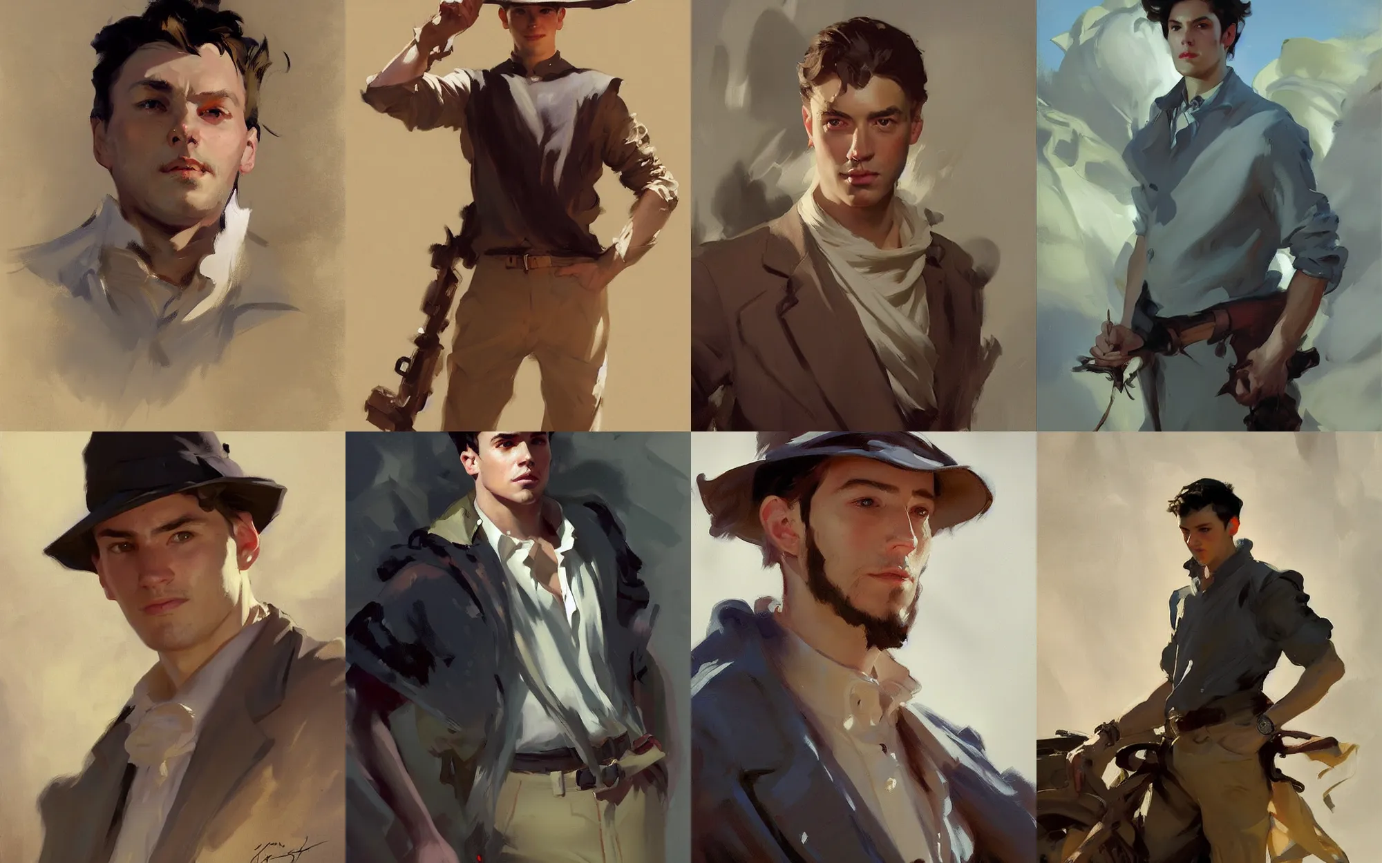 Image similar to portrait of young man traveler greg manchess painting by by sargent and leyendecker, d & d, fantasy, medium shot, asymmetrical, intricate, elegant, matte painting, illustration, hearthstone, by greg rutkowski, by greg tocchini, by james gilleard, by joe fenton