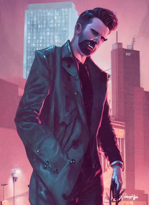 Image similar to 35mm kodak portra portrait of chris evans as a darkwave vampire on the Las Vegas strip at night by tomer hanuka and tom bagshaw, hyper realism, high detail, octane render, 8k, trending on artstation, CGsociety, concept art