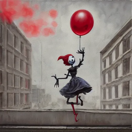 Prompt: grunge painting of a rooftop with a wide smile and a red balloon by chris leib, loony toons style, pennywise style, corpse bride style, horror theme, detailed, elegant, intricate, conceptual, volumetric light