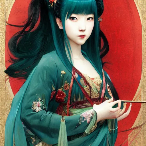 Image similar to a beautiful portrait of hatsune miku with long black and deep red colored hair dressed as a 1 st century chinese noblewoman, intricate, elegant, highly detailed, digital painting, artstation, concept art, matte, sharp focus, illustration, art by greg rutkowski and alphonse mucha