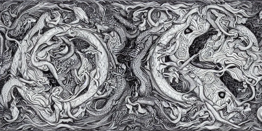 Image similar to realistic scene of dragons as ying yang, golden, delicate, hyper realism, 1 4 5 0, ink, ultra realistic, 8 k