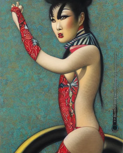 Prompt: Ai Tominaga as a circus acrobat, painting by Chie Yoshii