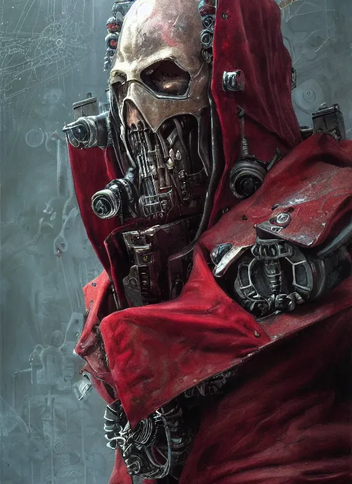 Image similar to portrait of rotten Nicolas Cage as adeptus mechanicus in red hood and robe from Warhammer 40000. Highly detailed, artstation, illustration by and John Blanche and zdislav beksinski and wayne barlowe