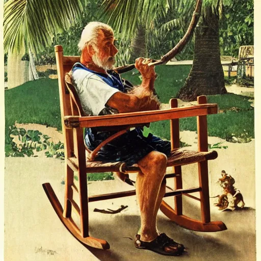 Prompt: an old man, sitting in a wooden rocking chair on a front porch, tropical location Whittling a piece of wood, by Norman Rockwell