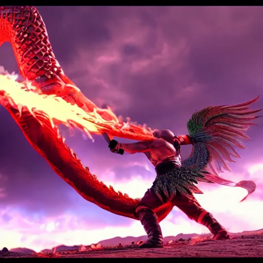 Prompt: kratos fighting quetzalcoatl, 4 k cinematic render