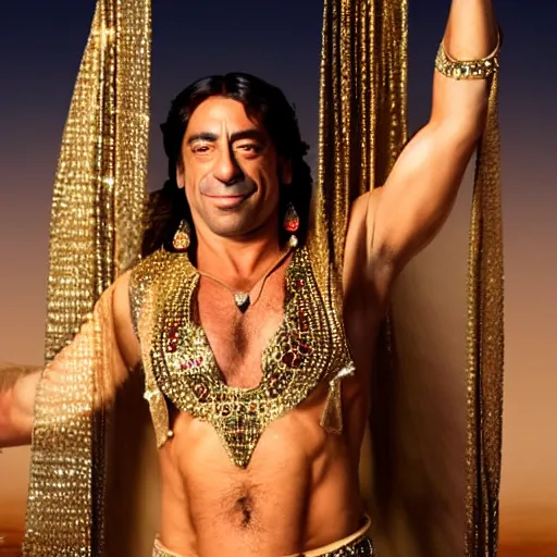 Image similar to a full body shot of javier bardem as a belly dancer, arabian night, high quality, fully detailed, 4 k