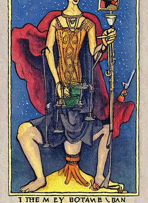 Image similar to Igor Bogdonoff caricature in Thoth tarot deck, style of Lady Frieda Harris,