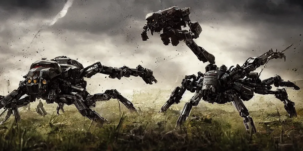 Prompt: a powefull spider shapped battle mecha with a rail gun turet, rockets lauchers, plasma gun, in a battlefield, mud, water, swamp, reeds, natural light, war phtography, by annie leibowitz