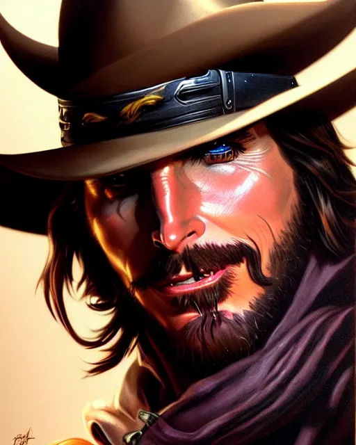 Image similar to christian bale as mccree from overwatch, character portrait, portrait, close up, highly detailed, intricate detail, amazing detail, sharp focus, vintage fantasy art, vintage sci - fi art, radiant light, caustics, by boris vallejo