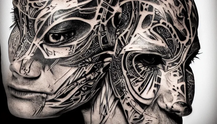 Image similar to tribal tattoo by yoshitaka amano, by hr giger, biomechanical, profile portrait, wide ayes, hyper detailed, hyperrealism, anime, deviantart, artstation, hadron antimatter vacuum reactor, photorealistic, 4 k, god rays, highly detailed, vray rendering, unreal engine