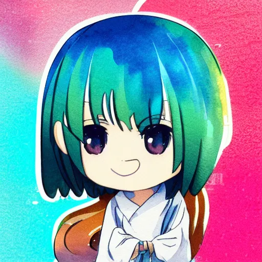 Prompt: water color character face portrait of a singular kawaii chibi in the sytle of kyoto animation, in simple background, nendoroid eyes, blender, toon rendering, toon shader, anime waifu, ukiyoe