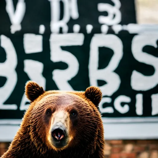 Prompt: bear holding a sign that says bear, 5 0 mm lens, bokeh, good lighting