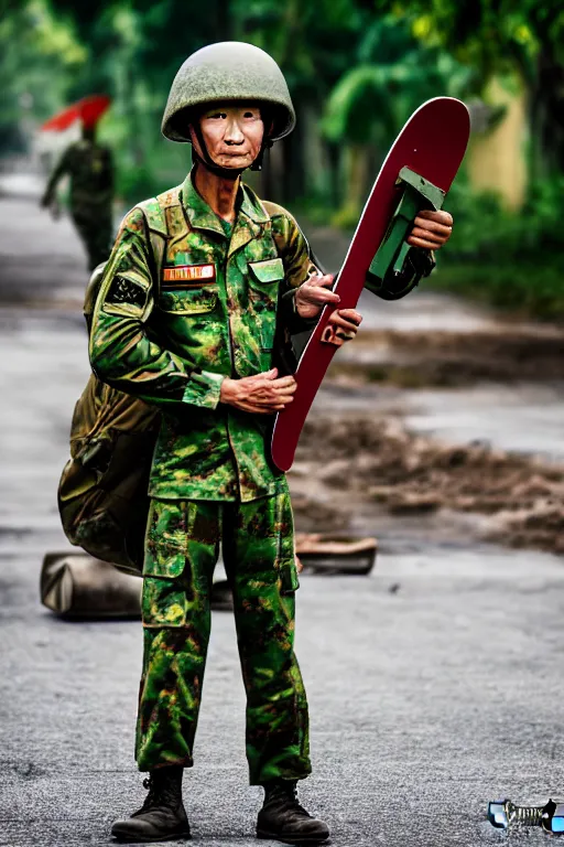 Image similar to vietnam soldier with skateboard, pulitzer award, captured by nikon d 8 5 0, 4 k, full body perfect. by daniel berehulak