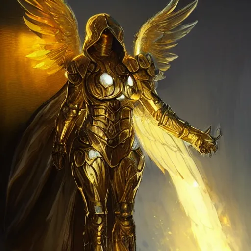 Prompt: golden heavy armored angel, wings made of light, metal halo, no face, hooded, gold, fantasy, concept art, digital art, ultra realistic, character art by greg rutkowski and artgerm