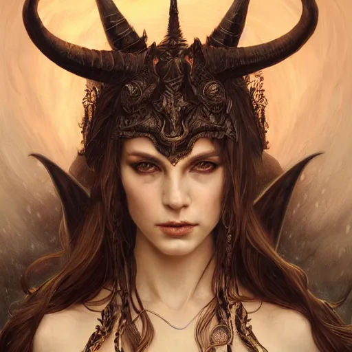 Image similar to a beautiful illustration of a satanic witch with horns in head holding a dragon, intricate, sharp focus, illustration, highly detailed, digital painting, concept art, matte, art by wlop and artgerm and greg rutkowski and alphonse mucha, masterpiece