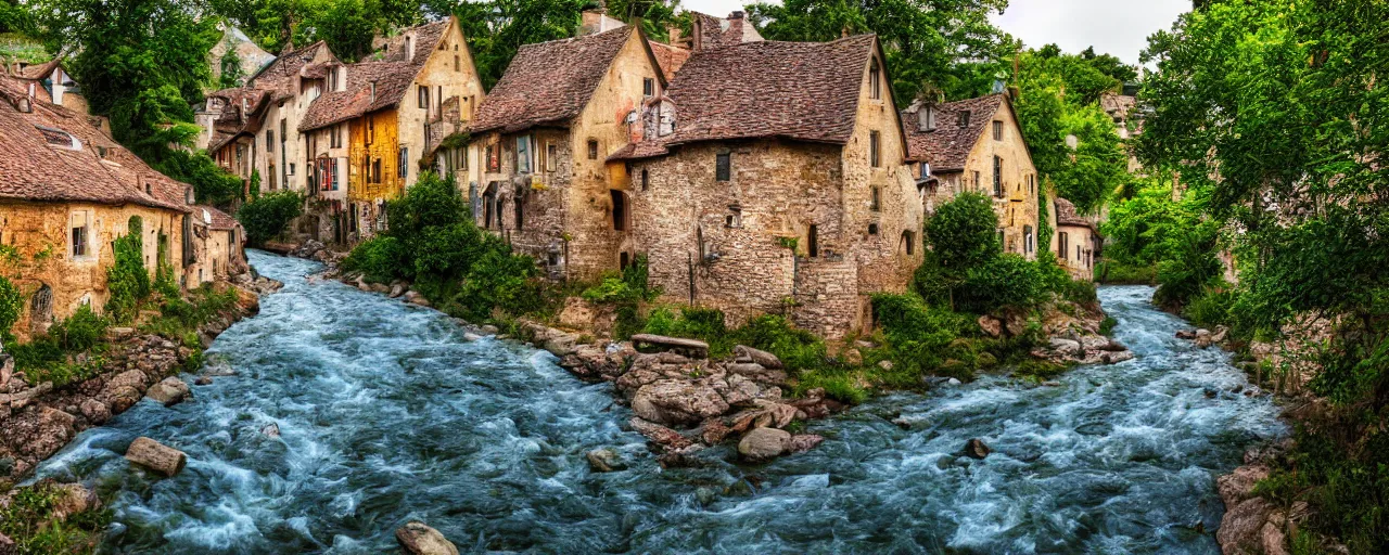 Image similar to a river running through a medieval village, summer, beautiful colors, wide-angle photograph, award winning, highly detailed