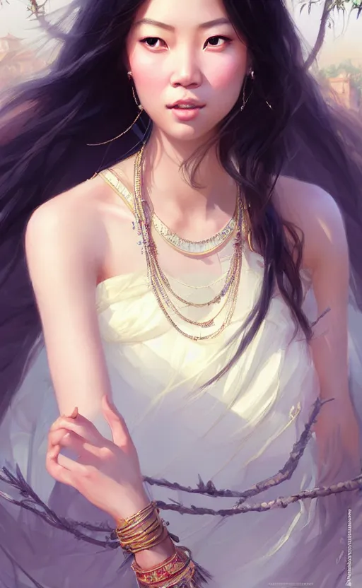 Image similar to a beautiful young charming asian goddess with sundress and jewelry | | winter, realistic shaded, unpleasant face, good looking, fine details, dior, lv, realistic shaded lighting poster by greg rutkowski, macoto takahashi, magali villeneuve, artgerm, jeremy lipkin and michael garmash