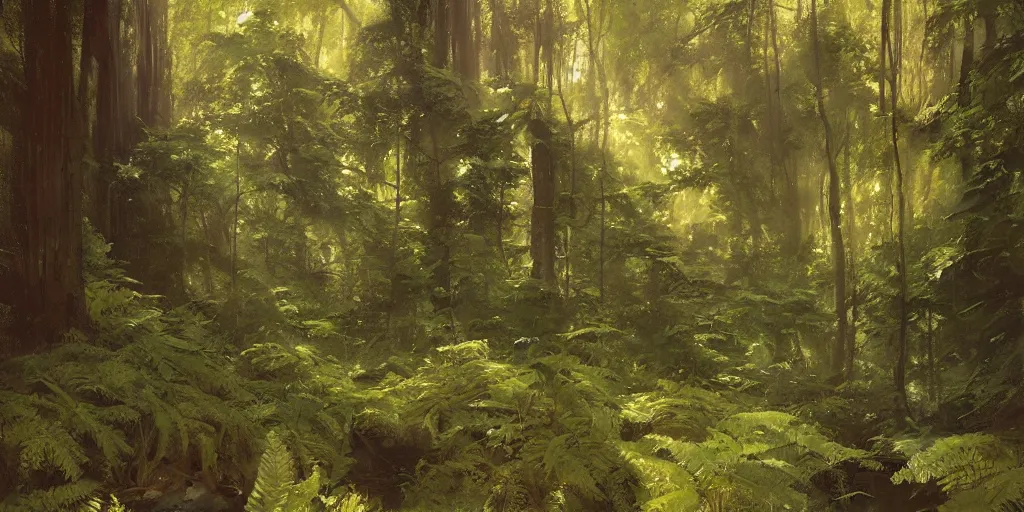 Prompt: beautiful fern forest with a creek abd redwoods, dappled light, intricate, elegant, highly detailed, greg manchess, mucha, liepke, ruan jia, jeffrey catherine jones, ridley scott