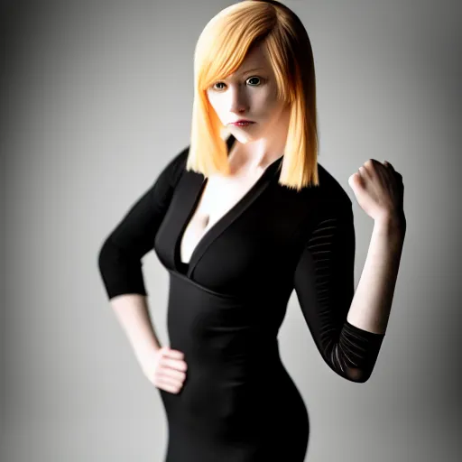 Prompt: detailed studio photo of cute sexy emily skinner cosplaying annie leonhart wearing jet - black dress, wearing open toe heels, pale skin, studio lighting, sharp focus, backlit, smooth, hard focus, full body shot